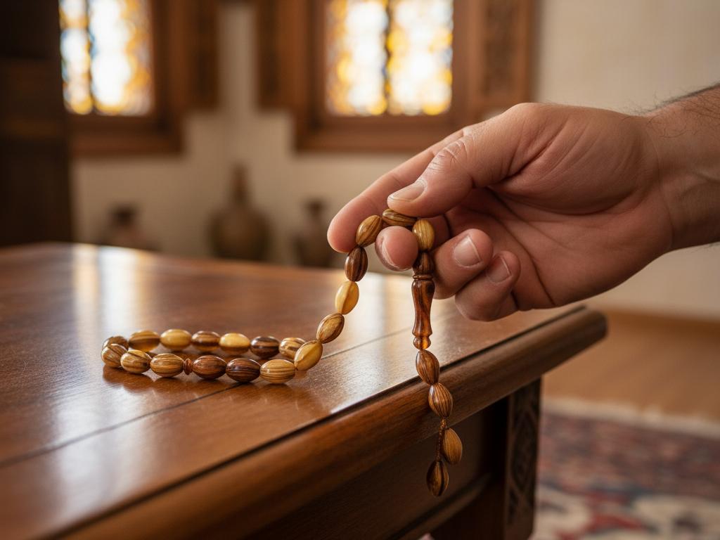 Close-up of a middle-aged Turkish man’s hand holding a variety of finely cut traditional tesbih prayer beads on a wooden table in a warmly lit room, showcasing detailed bead shapes and textures.