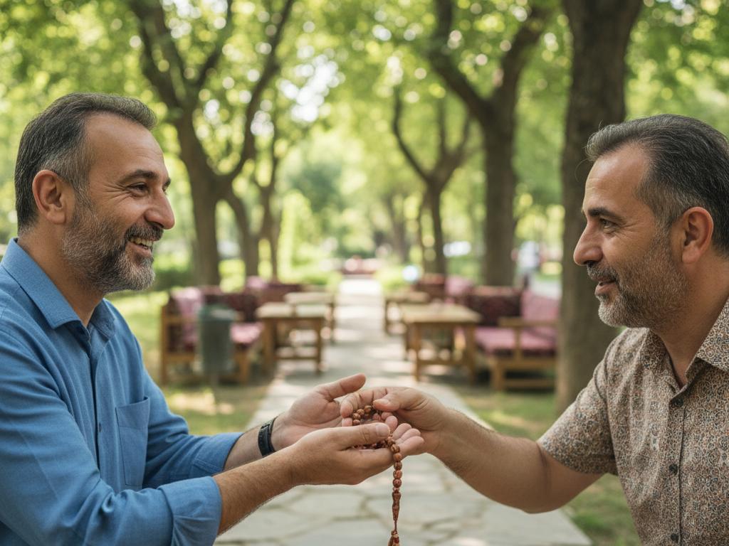 Two Turkish middle-aged men exchanging a beautifully crafted wooden tespih outdoors in a sunny park with green trees, showing genuine warmth and friendship
