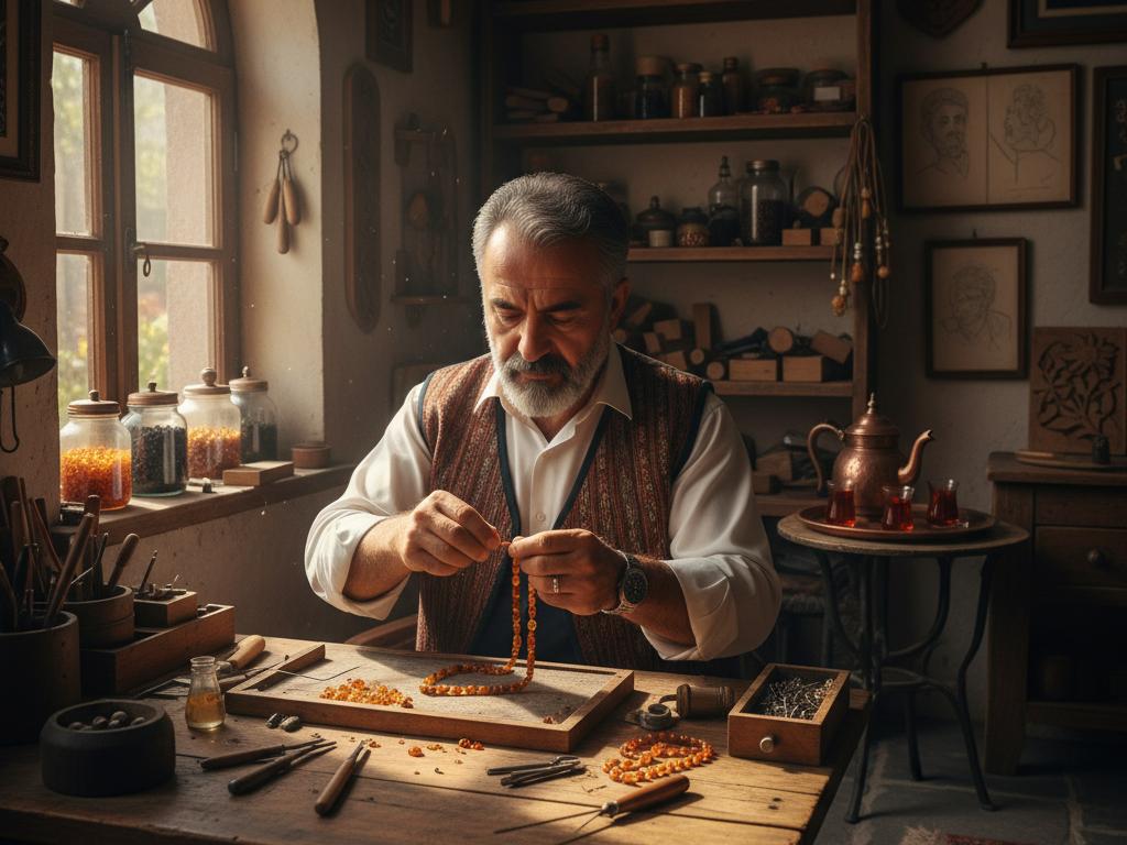 Middle-aged Turkish craftsman carefully shaping a traditional tesbih in a sunlit artisan workshop, emphasizing the cultural heritage and delicate craftsmanship.