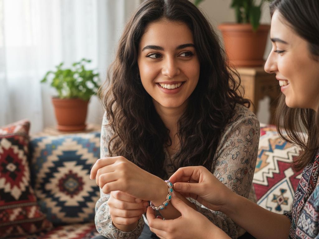 Young Turkish woman happily receiving a delicate silver and turquoise bracelet gift in a culturally styled comfortable home interior with natural soft lighting