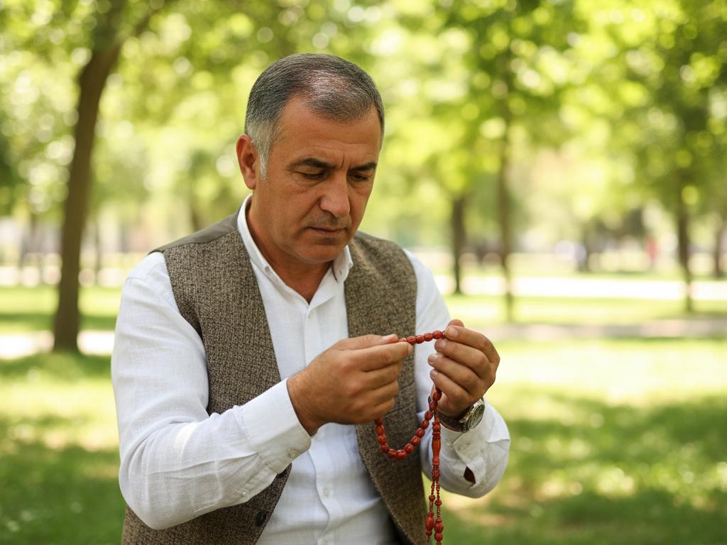 Orta yaşlı Türk adam, parkta doğal ışıkta pelesenk tespihi inceleyerek tespihin detaylarına odaklanmış, doğal ahşap renkleri ön planda.