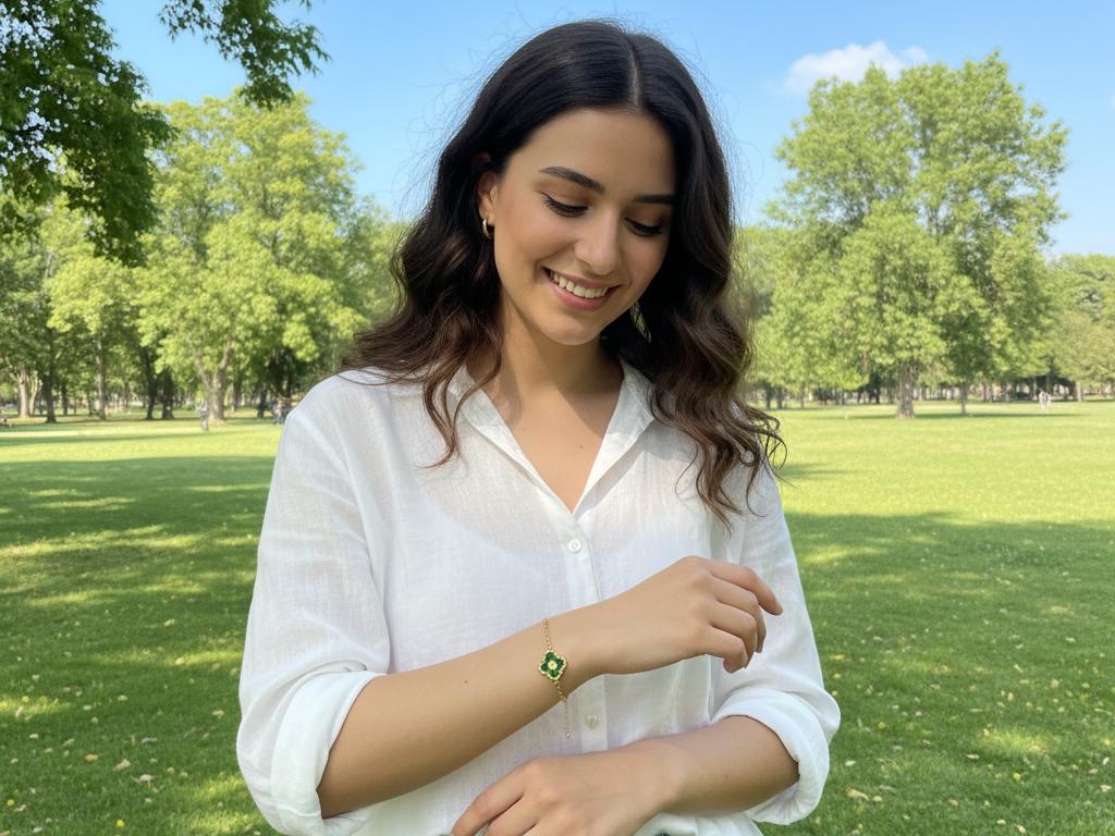 Young Turkish woman in a sunny park wearing a Yoca four-leaf clover bracelet, looking at it with a peaceful smile, surrounded by green trees and clear sky