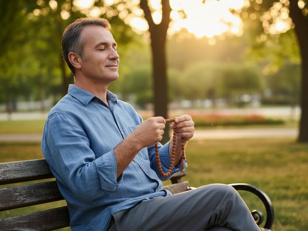 Middle-aged Turkish man meditating outdoors while holding and using a Rudraksha tespih in a calm park environment during golden hour.
