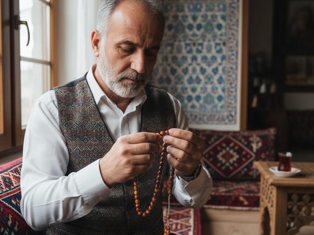 Orta yaşlı Türk bir adam, doğal ışıkla aydınlatılan geleneksel dekorlu bir odada, elinde el işçiliğiyle yapılmış kaliteli kuka tespihini dikkatle inceliyor.