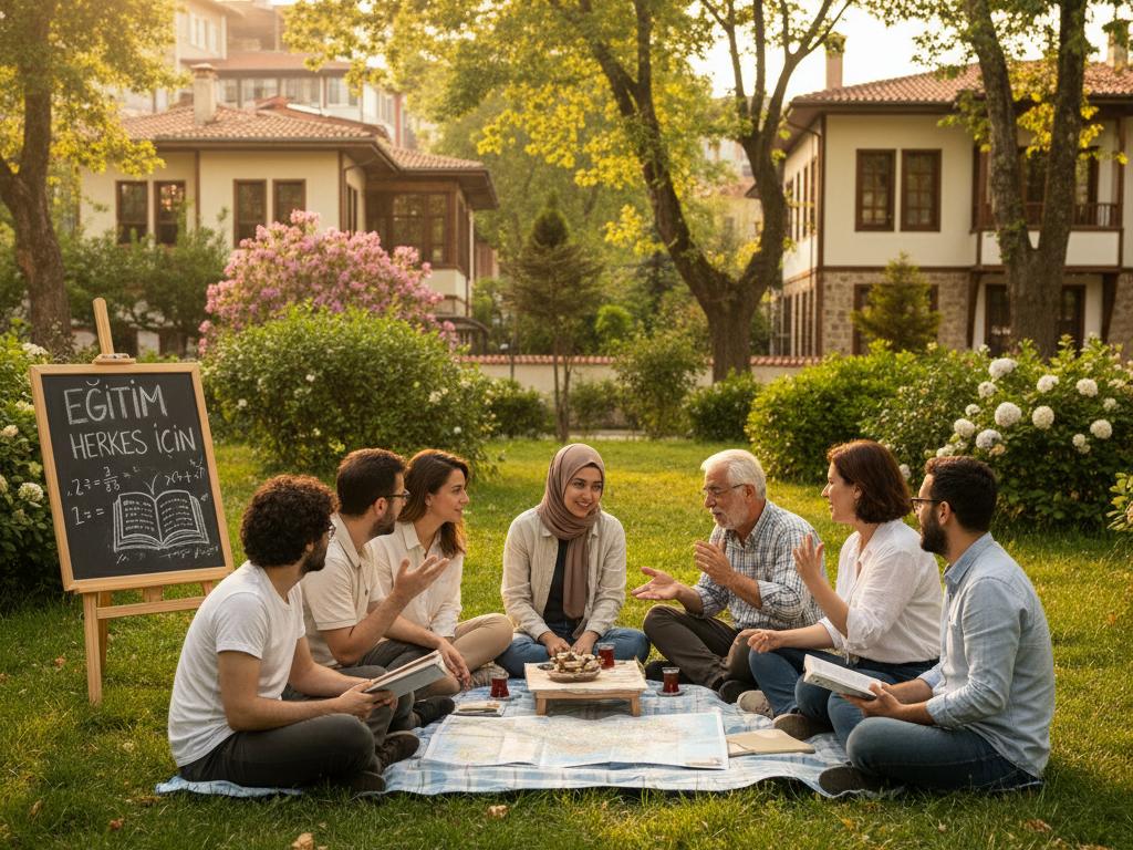 Young and middle-aged Turkish people discussing education in a sunny, tree-lined neighborhood park symbolizing community learning and the importance of knowledge sharing.