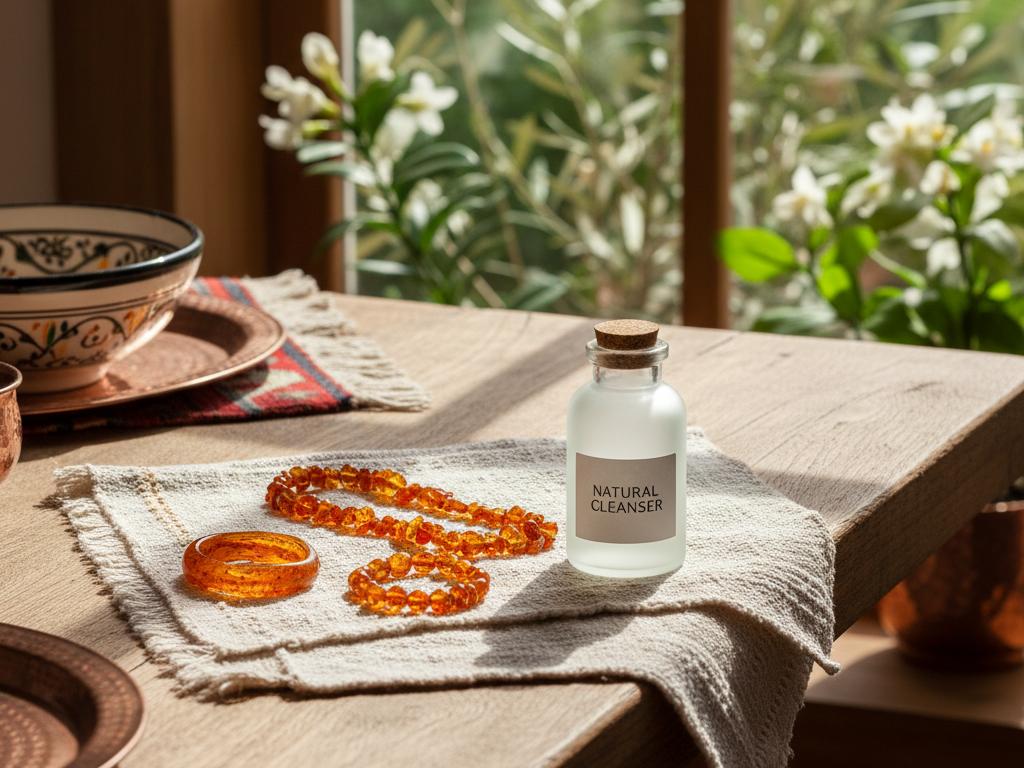 Close-up of amber jewelry on soft cloth near window light, illustrating proper cleaning and storage tips for kehribar accessories in a Turkish home setting.