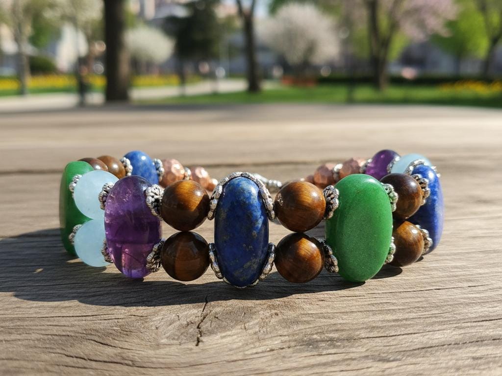 Close-up photograph of a handcrafted bracelet showcasing purple ametist, blue lapis lazuli, aquamarine, tiger's eye, and green jade stones, set on a wooden surface with a blurred sunny park background in Istanbul.