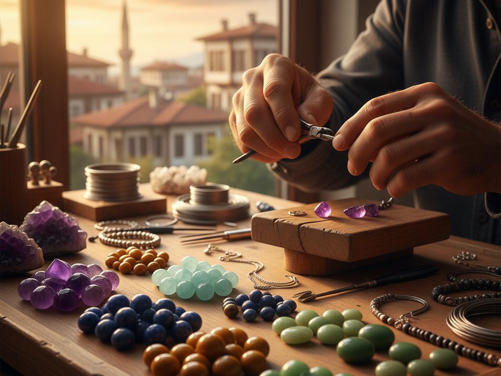 Close-up shot of a Turkish artisan shaping natural stone jewelry with polished colorful stones on a wooden workspace, natural daylight highlighting the hands and stones with a Turkish cityscape softly blurred in the background.