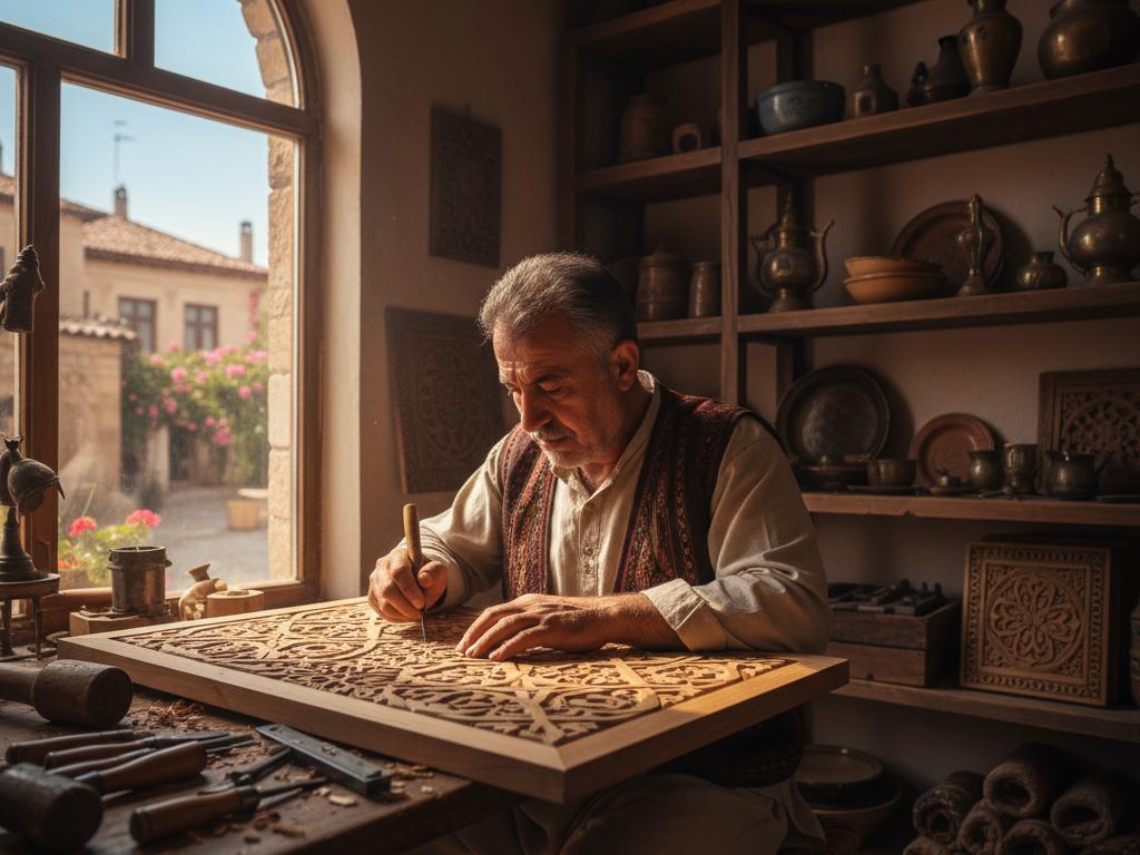 A middle-aged Turkish artisan carefully carving detailed Seljuk motifs on wood inside a traditional workshop bathed in natural sunlight, evoking the cultural heritage of Turkish woodcraft.