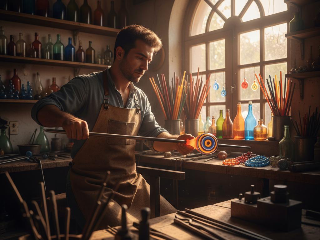 A young Turkish glassblower crafting a vibrant nazar boncuğu charm in a sunlit studio filled with glass beads and tools, highlighting the delicate traditional art of glasswork.