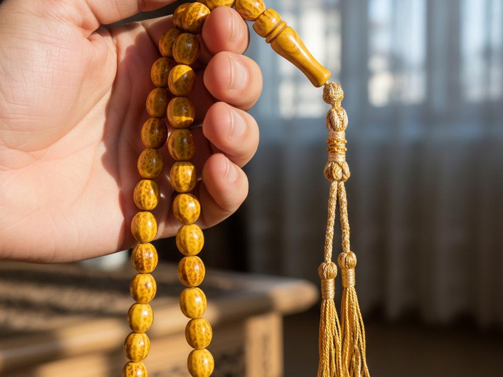 A photorealistic close-up of a person's hand delicately holding a yellow acacia seed prayer bead, emphasizing its handcrafted details and natural golden hue in a traditionally styled Turkish indoor setting.