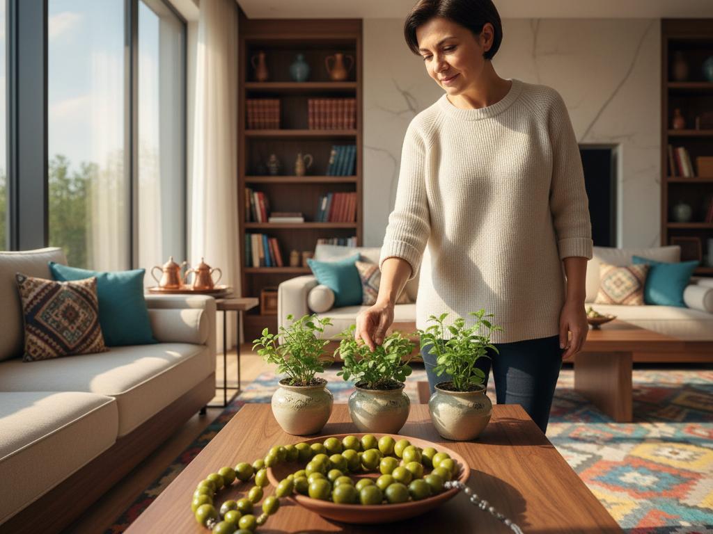 Photorealistic image of a modern Turkish living room with Tesbih otu decorative items and a middle-aged Turkish person admiring them in natural daylight.