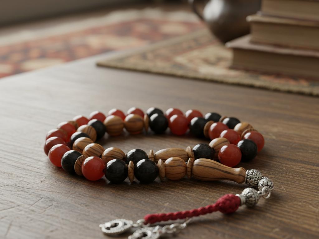 Close-up photorealistic image of a handcrafted Zaza tesbih made from natural stones and rare wood, highlighting intricate details and textures under soft natural light on a wooden table in a Turkish home.