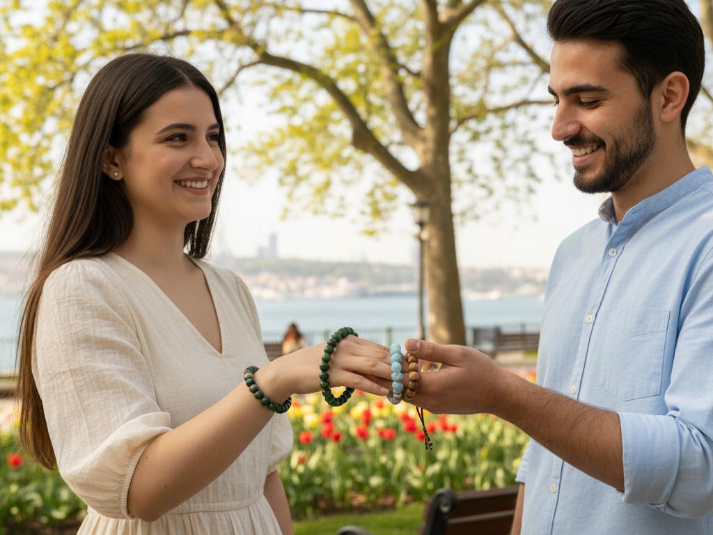 A young Turkish couple exchanging handcrafted natural stone and wooden bead bracelets in a sunny, green park, symbolizing a heartfelt gift exchange with warm smiles.
