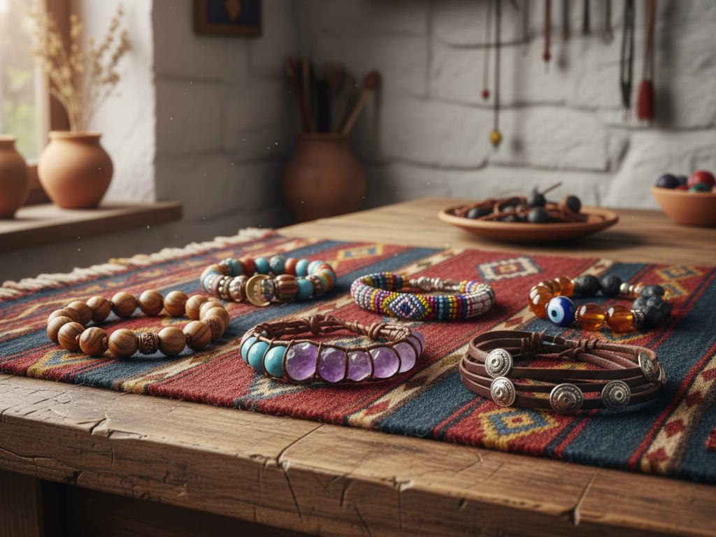 Close-up of diverse hand-crafted bracelets with wooden, stone, and bead materials laid out on a traditional Anatolian textile, showcasing artisan quality and detail.