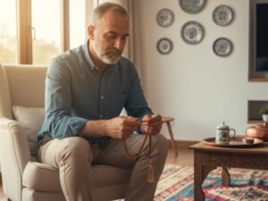 Portrait of a middle-aged Turkish man holding a 33-bead tesbih indoors with natural light and Turkish style decor