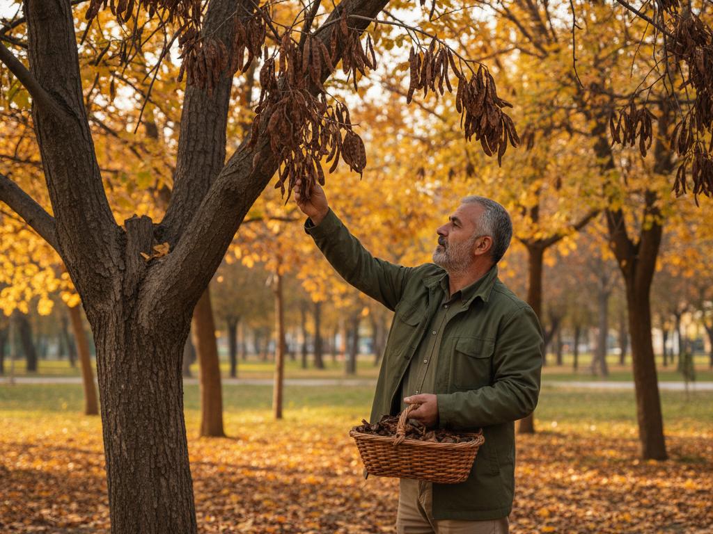A middle-aged person harvesting ripe acacia seed pods from a tree and the ground in a sunny Turkish park during autumn.