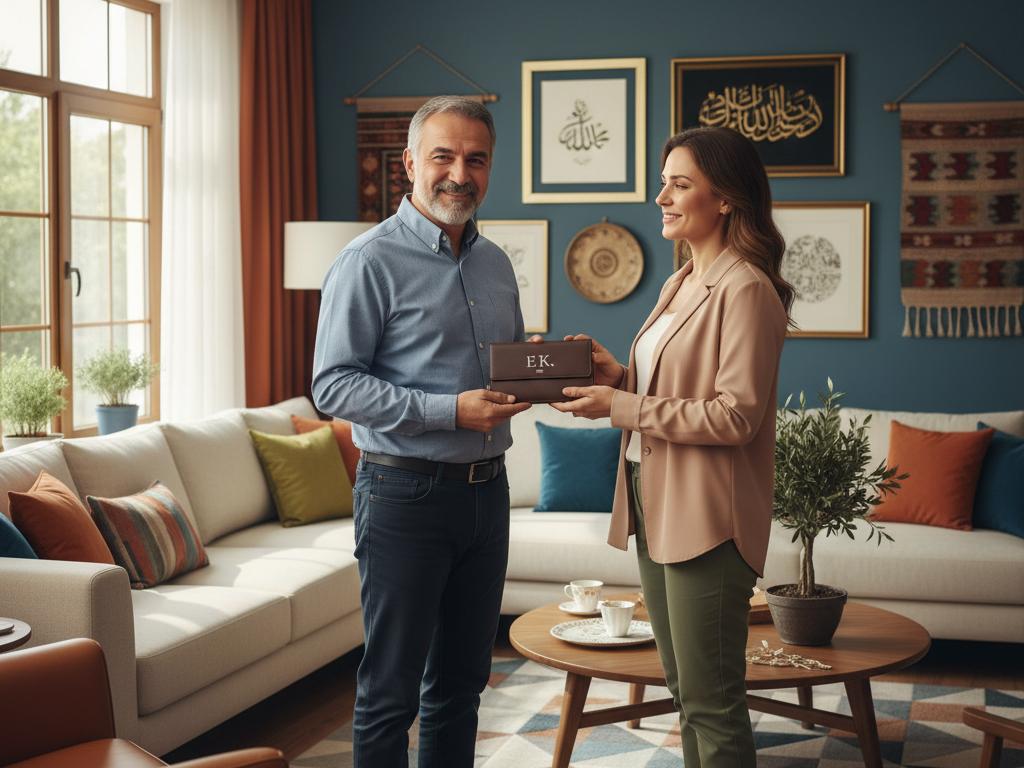 Middle-aged Turkish man happily receiving a personalized leather wallet from a woman in a well-lit, modern Turkish home interior, capturing a warm moment of gift giving and appreciation