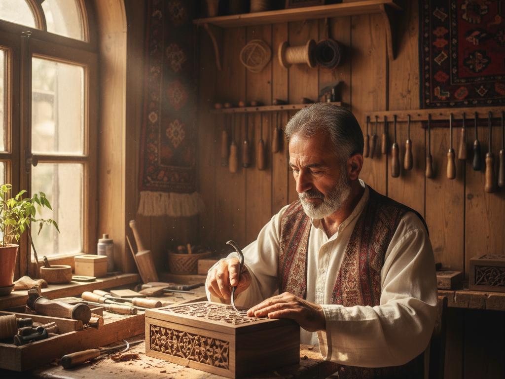 A middle-aged Turkish craftsman in a sunlit workshop carving a detailed wooden gift box showcasing traditional motifs.