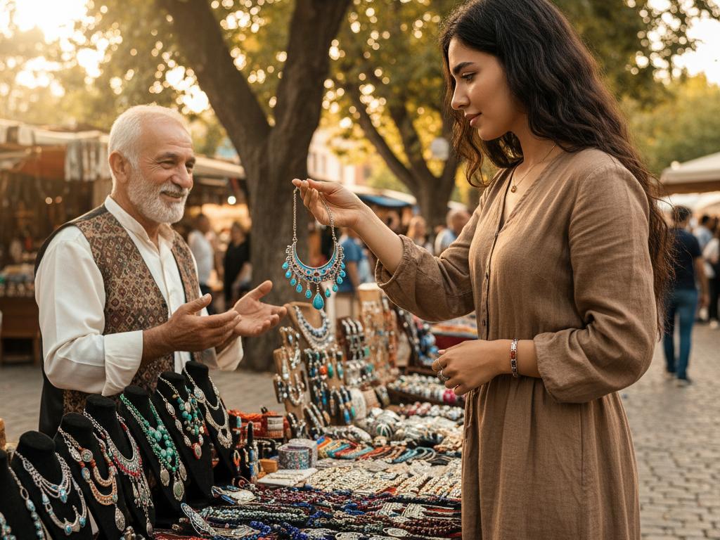 A young Turkish woman in a bright outdoor market carefully choosing a handmade silver necklace from an artisan’s display.
