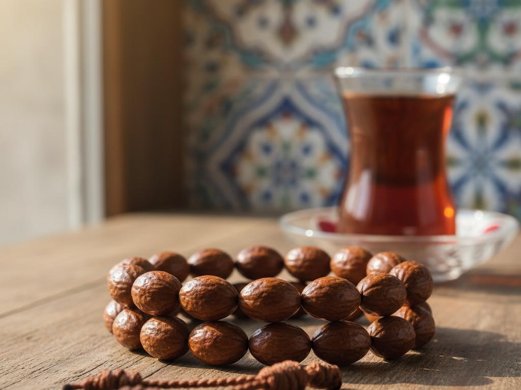 Close-up photorealistic image of a hand-crafted carob seed tesbih on a wooden table in a warm Turkish tea house interior with natural light and traditional decor