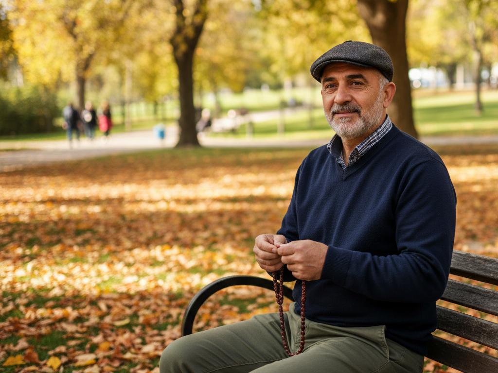 Photorealistic outdoor portrait of a middle-aged Turkish man quietly using a carob seed tesbih in a sunlit urban park surrounded by autumn foliage