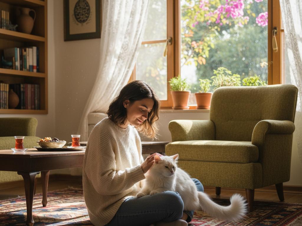 A young woman lovingly pets her cat inside a sunlit Turkish home, showcasing the warm human-feline bond on World Cats Day.