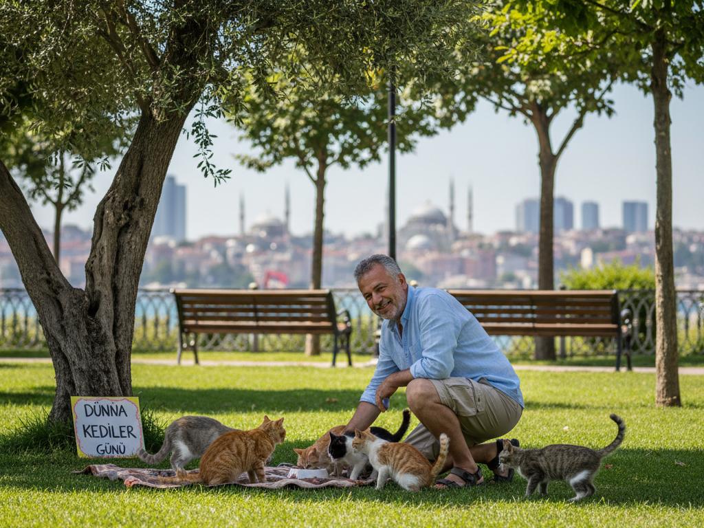 A middle-aged man feeds stray cats in a Turkish city park on a sunny day, symbolizing kindness to animals on World Cats Day.