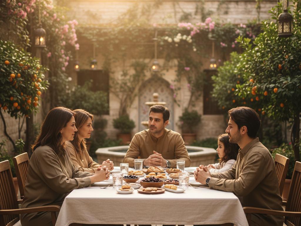 Young Turkish family warmly gathered around an iftar table in a sunlit garden courtyard, sharing a peaceful moment of reflection during Ramadan.