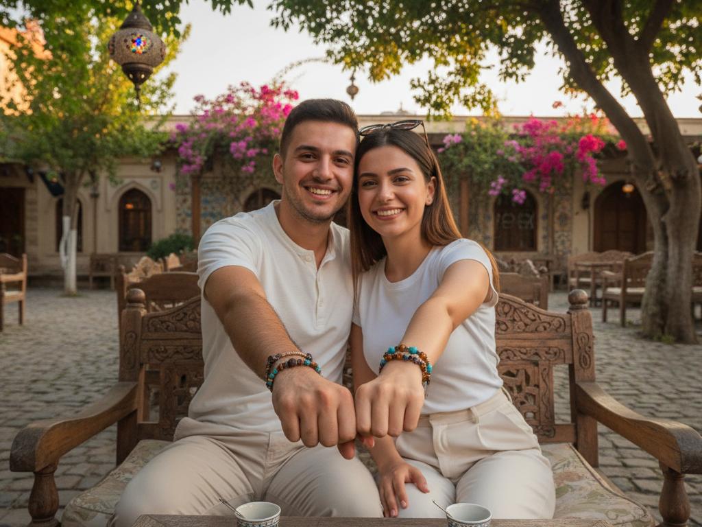 A young Turkish couple smiling outdoors on a wooden bench, wearing matching couple bracelets with natural stones and leather, illuminated by warm golden hour sunlight.