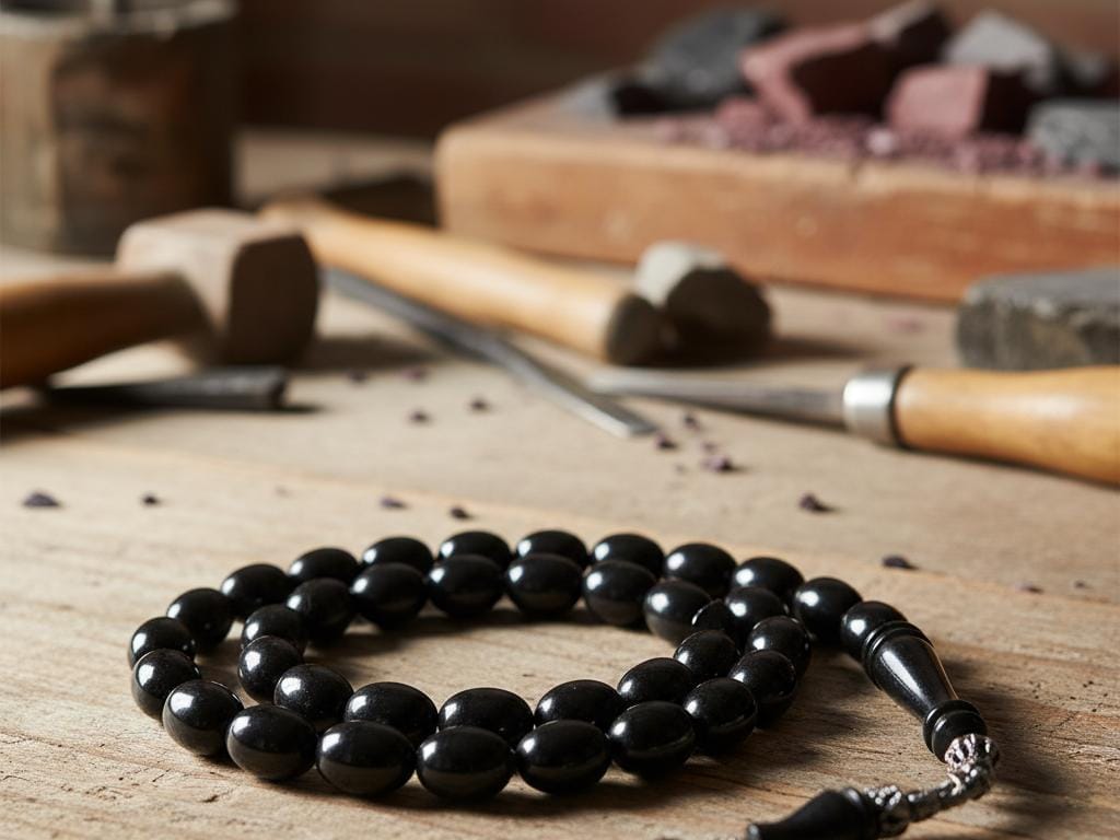 Close-up photorealistic image of a polished black Oltu stone tesbih laid on a wooden table in a warm, softly lit Turkish artisan workshop.