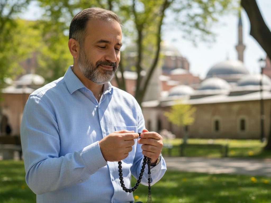 Middle-aged Turkish man sitting outdoors in a park holding a shiny black Oltu stone tesbih, bathed in natural sunlight, evoking spiritual calm and cultural heritage.