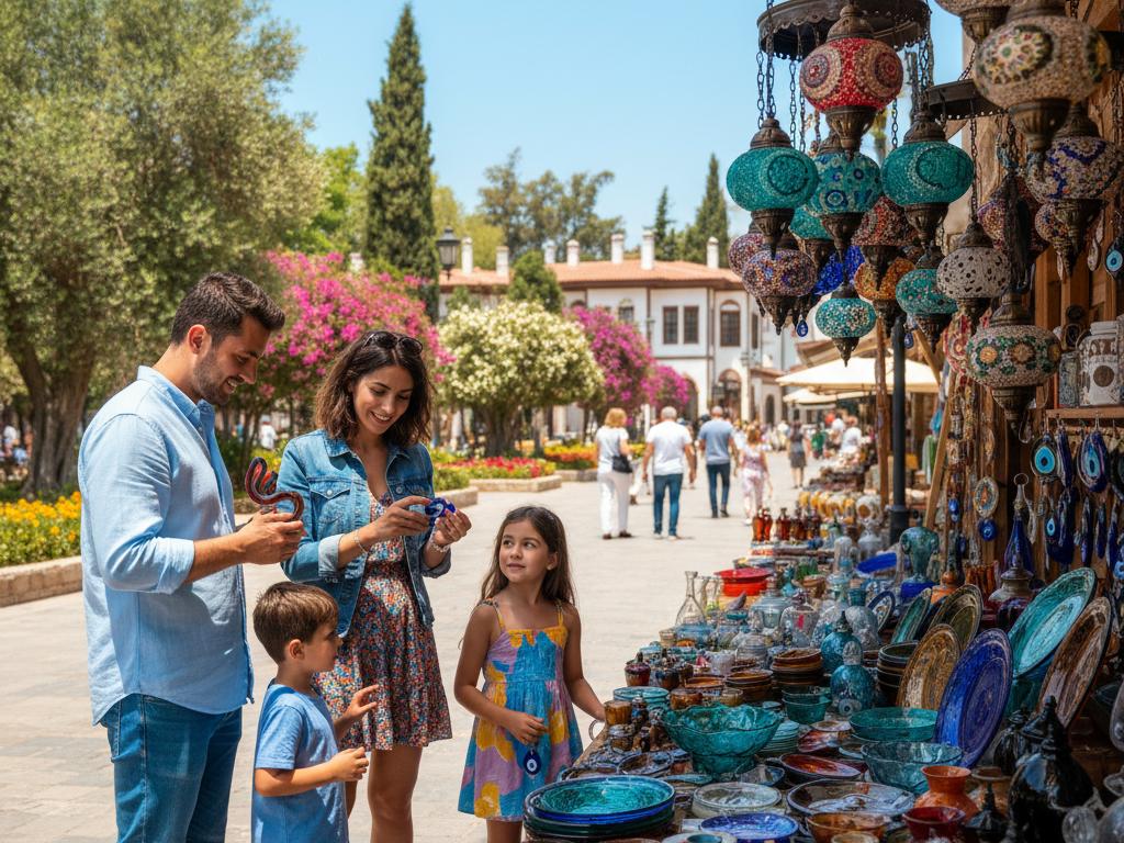 A young Turkish family exploring a cultural market with traditional hand-crafted glass items under natural daylight in an outdoor park setting.