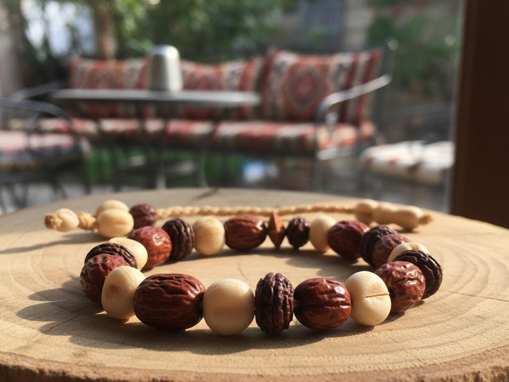 Close-up photo of a bracelet and tesbih made from natural İğde, olive, and Tear plant seeds, highlighting their textured surfaces and warm colors, set against a softly lit wooden background with a Turkish garden in the blurred backdrop.