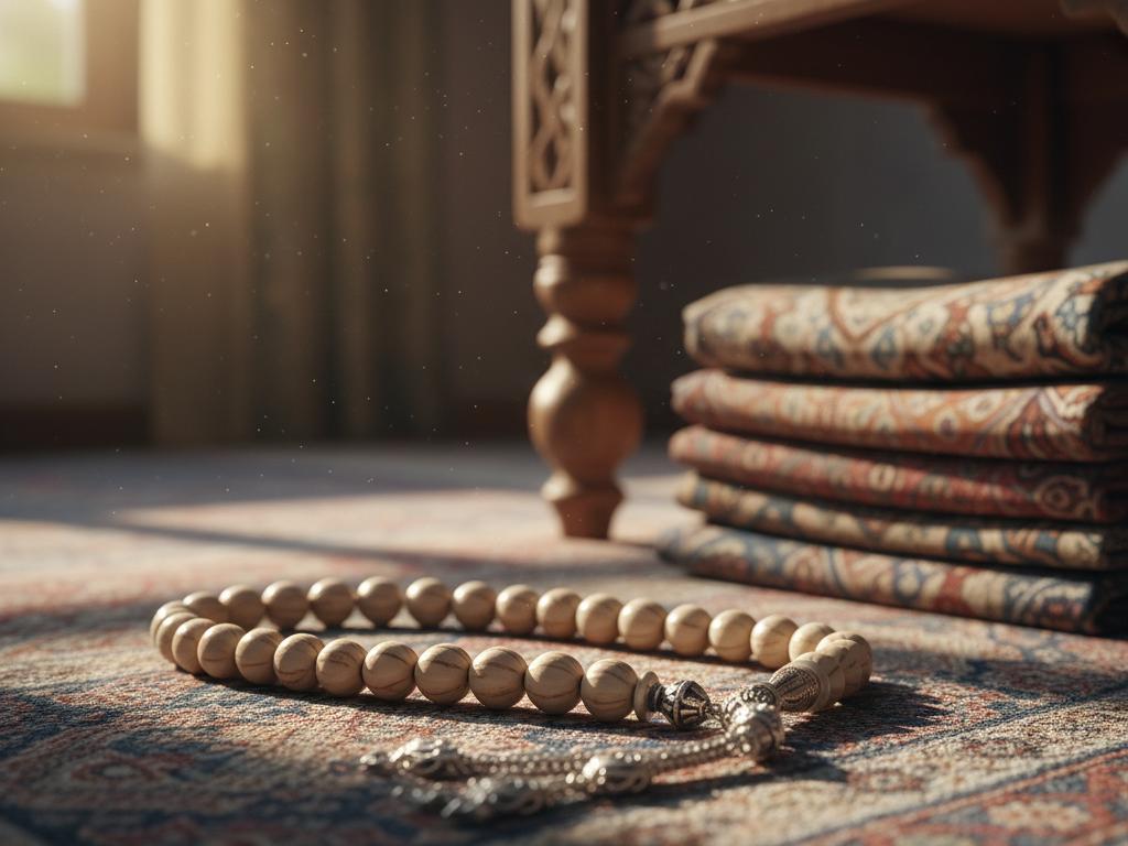Close-up photo of a polished gözyaşı bitkisi tesbih on a traditional Turkish prayer rug, highlighting natural glossy texture and craftsmanship in warm, sunlit interior.