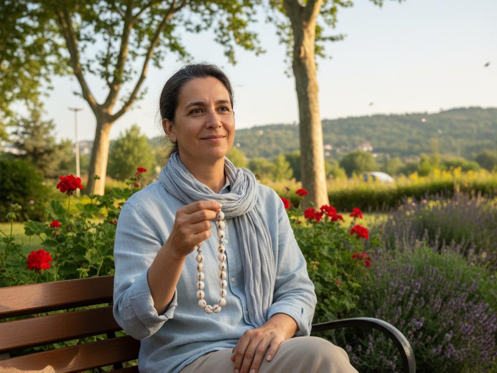 Middle-aged Turkish individual holding a glossy gözyaşı bitkisi tesbih while sitting calmly in a sunlit green park, surrounded by natural beauty.