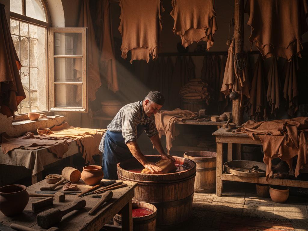 A middle-aged Turkish leather craftsman working on traditional leather tanning in a sunlit rustic workshop, surrounded by leather hides and wooden tools, showcasing artisanal skill and cultural heritage.