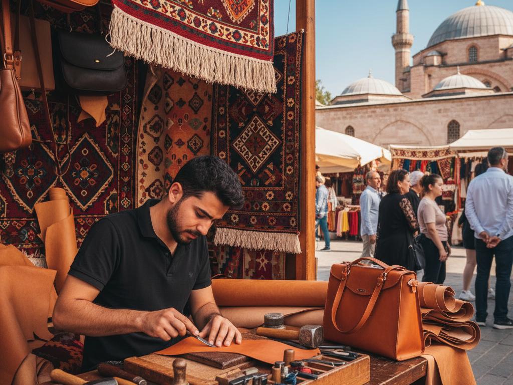 Young Turkish artisan handcrafting a leather handbag at an outdoor market stall with traditional Turkish cultural background, reflecting the preservation of heritage leather crafts.