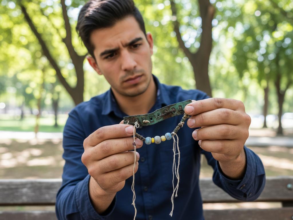 Young Turkish artisan outdoors inspecting a bracelet made of low-quality metals, plastic beads, and weak threads in a green park under natural sunlight