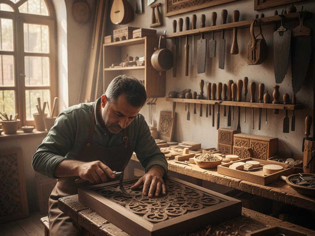 A talented Turkish artisan carving intricate wood patterns by hand in a sunlit traditional workshop, highlighting the heritage of neccarlık and sedef kakmacılık techniques.