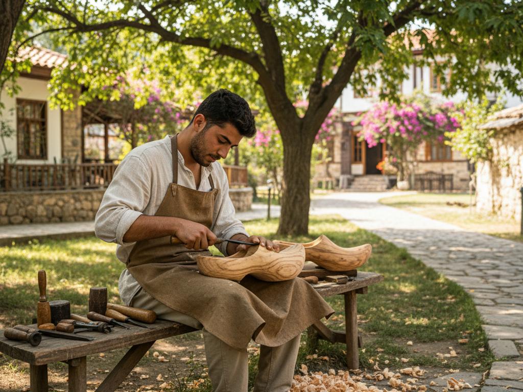 A young craftsman in a peaceful Anatolian village park handcrafting traditional wooden nalın and takunya shoes, bathed in warm natural daylight reflecting rich wood textures.