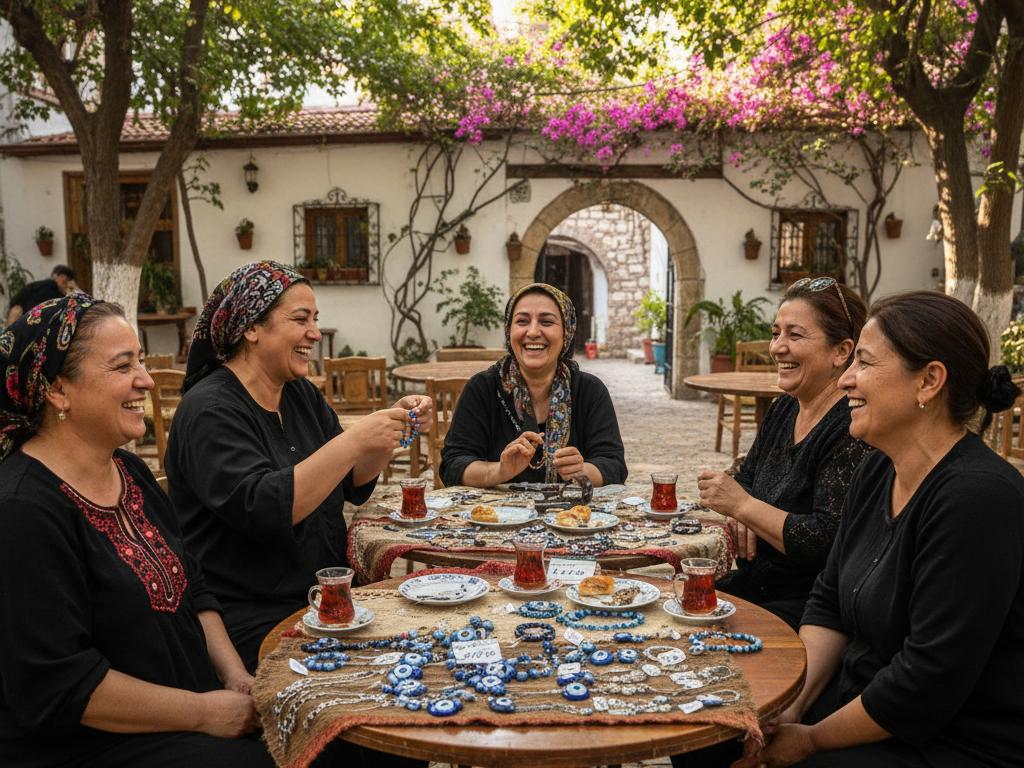 Gündüz vakti Türk mahallesinde dış mekan kahve sohbetinde bir araya gelmiş kadınlar, nazar boncuklu takılar ve el yapımı bilekliklerle dolu masanın etrafında keyifli vakit geçiriyor.
