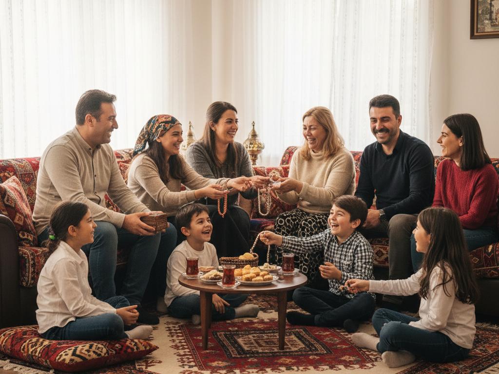 Mutlu bir Türk ailesi bayram hazırlıkları yaparken, ev ortamında birbirine el emeği hediyeler verirken doğal ışıkla aydınlanmış bir fotoğraf.