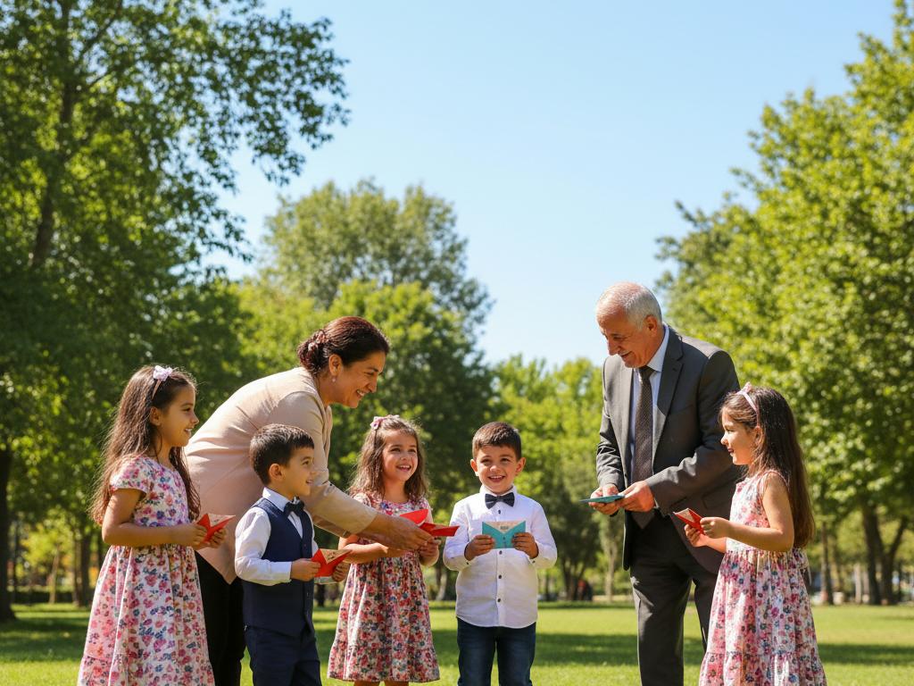 Güneşli bir parkta yeni kıyafetler giymiş Türk çocuklar bayram harçlık alırken mutlulukla gülüyorlar, doğa ve bayram neşesi içeren gerçekçi bir kare.