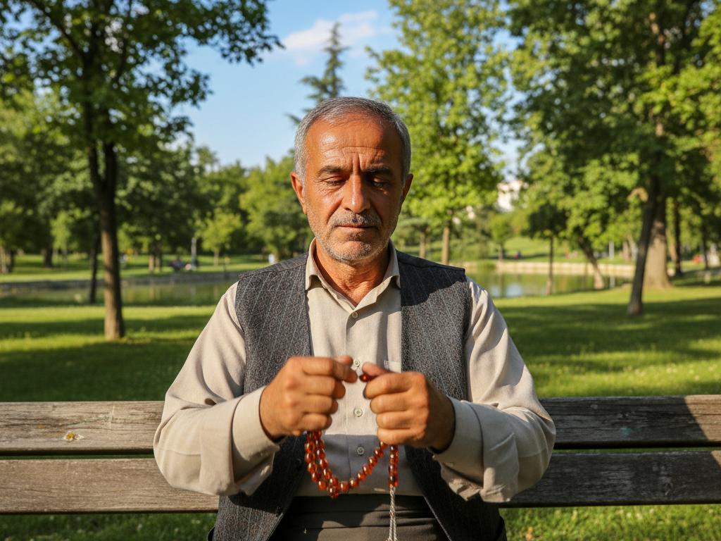 Güneşli bir parkta, orta yaşlı bir Türk adamın ellerinde ritmik hareketlerle Efe Boy Tesbih çektiği huzurlu an, arka planda yemyeşil ağaçlar ve açık gökyüzü.