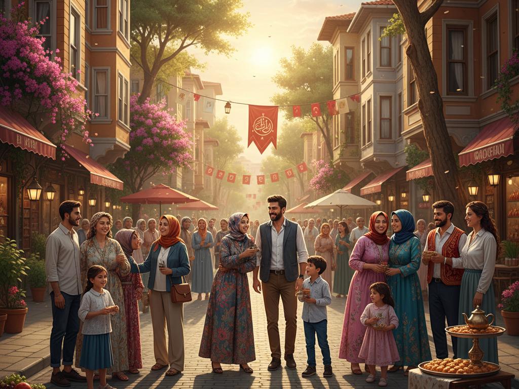 Ramazan Bayramı sabahında Türk mahallesinde genç ve orta yaşlı ailelerin bir araya gelip sarılarak bayramlaştığı, neşe ve birlik duygusunun hakim olduğu fotoğraf.
