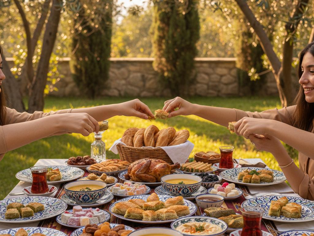 Ramazan Bayramı'nda doğal ışık altında, geleneksel Türk yemekleri ve tatlılarının olduğu bir bahçe sofrasında genç ve orta yaşlı insanların el ele tutuşup paylaşımda bulunduğu sıcak ve samimi bir an.