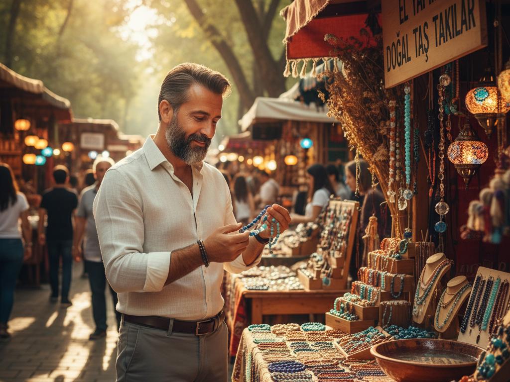 Orta yaşlı bir Türk adamın el yapımı mavi doğal taş bileklikleri inceleyip satın aldığı, ağaçlıklı güneşli bir açık hava pazarı ortamında çekilmiş gerçekçi fotoğraf.
