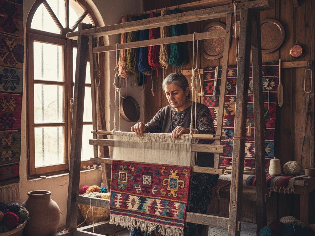 Orta yaşlı Türk kadın el dokuması kilim tezgahında geleneksel halı dokuyor, doğal ışıkta, Anadolu atölyesinde detaylı bir çalışma sahnesi.