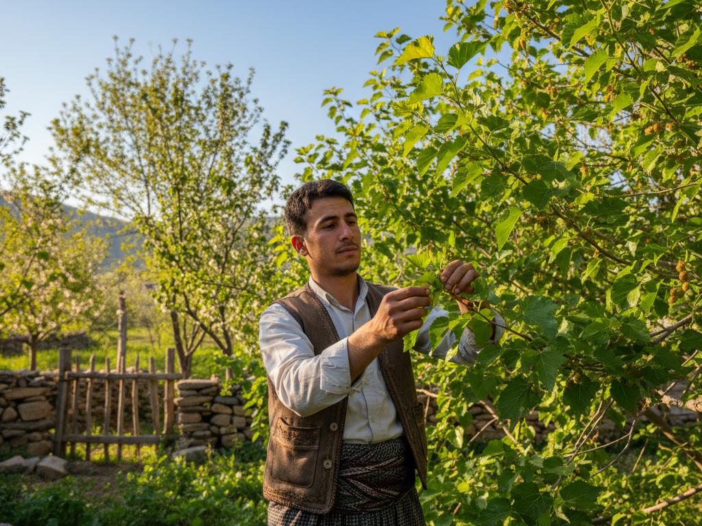 Genç Türk zanaatkâr mulberry yapraklarını ipek üretimi için bahçede toplarken, bahar mevsiminde doğal ve huzurlu bir ortamda çekilmiş fotoğraf.